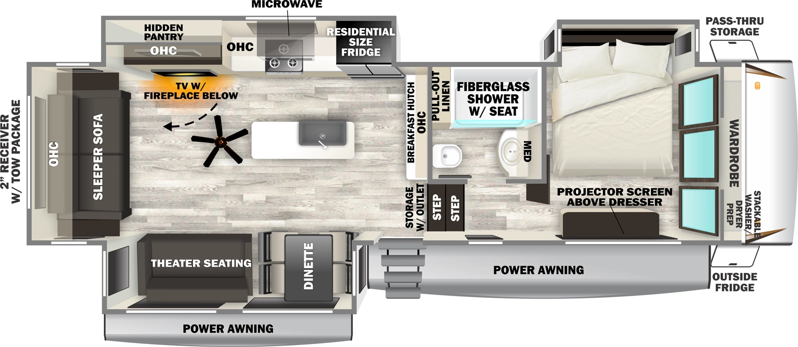The Sabre 32GKS floorplan has one entry and three slide outs. Exterior features include: fiberglass exterior and 10'8" & 16' awning. Interiors features include: kitchen island, free-standing dinette option, front bedroom and rear living.